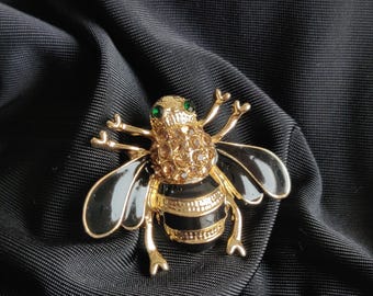 Gold and Black Bee Brooch  Enamel Insect Pin with Green Crystal Eyes