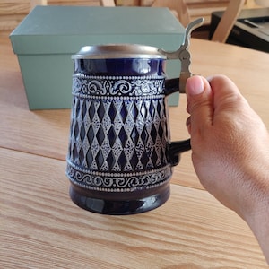 German Beer Stein with lid Tankard Gift for man Ceramic Beer mug