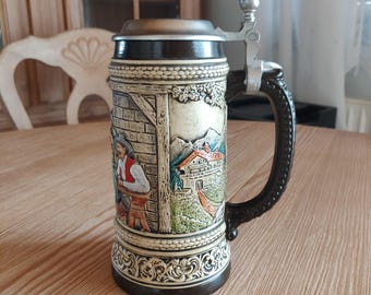 ヴィンテージのドイツ製蓋付きビールジョッキ、透明装飾マグカップ