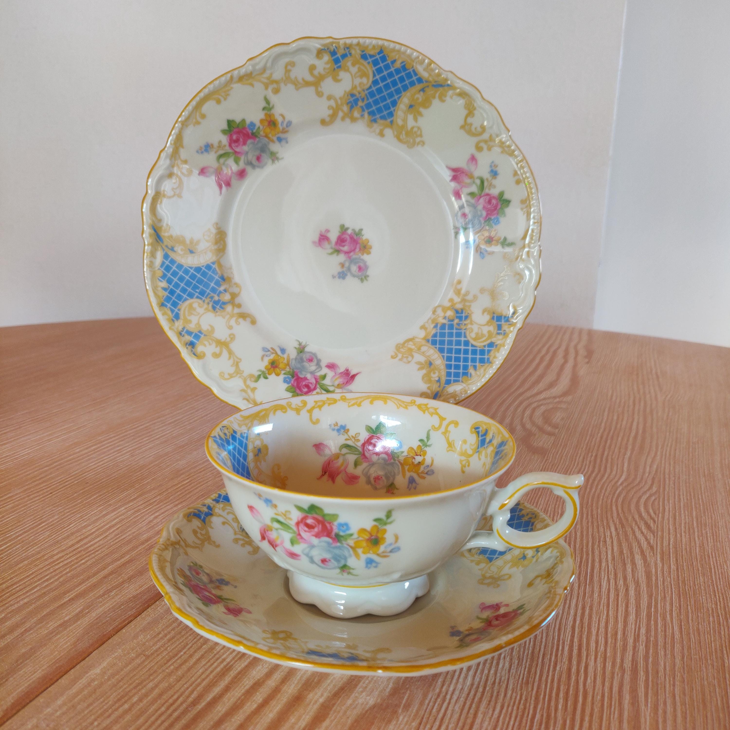 Vintage Bavarian Tea Set — Porcelain Teacup With Saucers and Floral ...