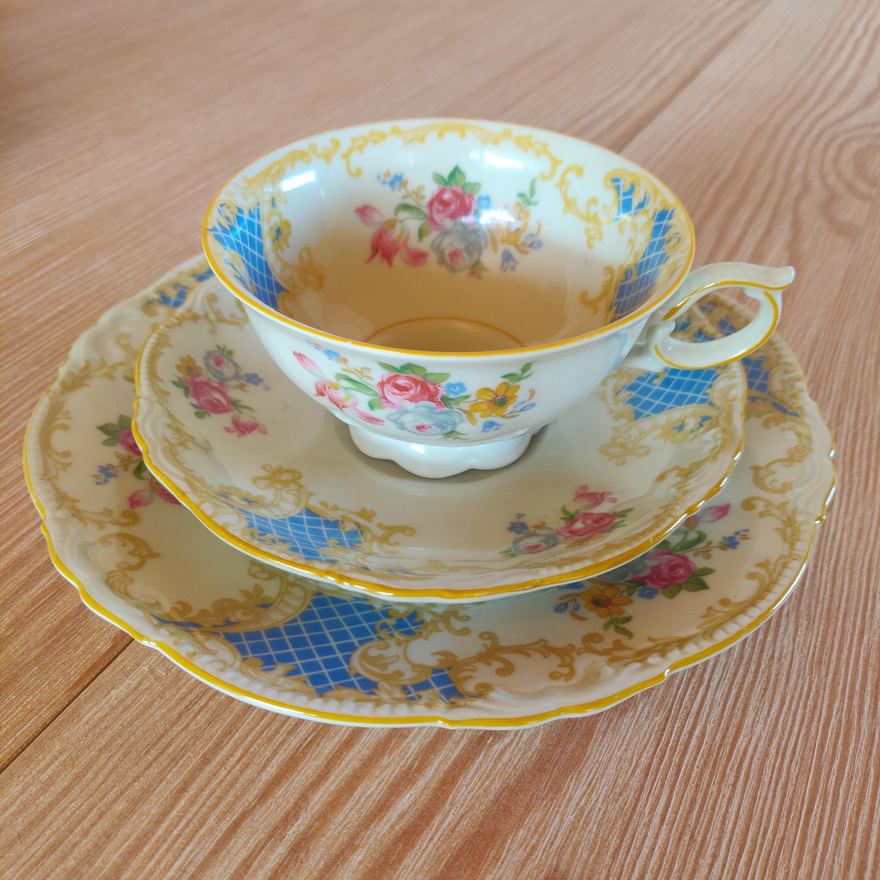 Vintage Bavarian Tea Set — Porcelain Teacup With Saucers and Floral ...