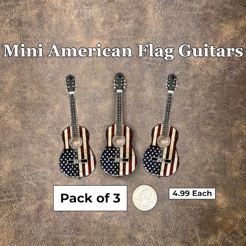 3-Pack Mini American Flag Guitars, Miniature Guitar Miniatures, Funny Birthday Gift For Guitar Players, Patriots or Country Music Fans image 1