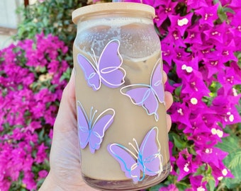Butterflies Beer Can Glass, Butterfly Iced Coffee Glass, Aesthetic Glass, 16oz Libbey, Bamboo Lid, Custom Glass, Gift For Her, Iridescent