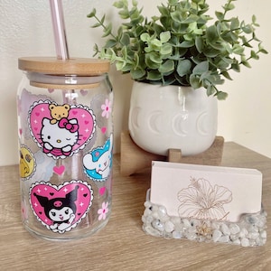 Kawaii Iced Coffee Glass, Valentines Day Beer Can Glass, Kitty & Friends Cup, Gift For Her, Kawaii Glass Cup, Kitty Hearts, Galentines Gift