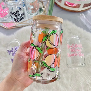 Peach Beer Can Glass, Peaches Glass Can, Iced Coffee Glass, Peaches Daisies Glass Cup, Holographic Peaches, 16oz 20oz Glass, Just Peachy Cup