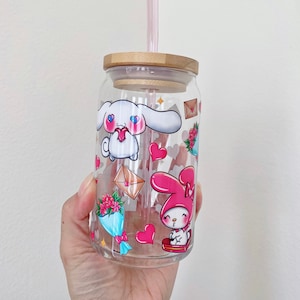 Kawaii Iced Coffee Glass, Valentines Day Beer Can Glass, Kitty & Friends Cup, Gift For Her, Kawaii Glass Cup, Kitty Angels, Galentines Gift