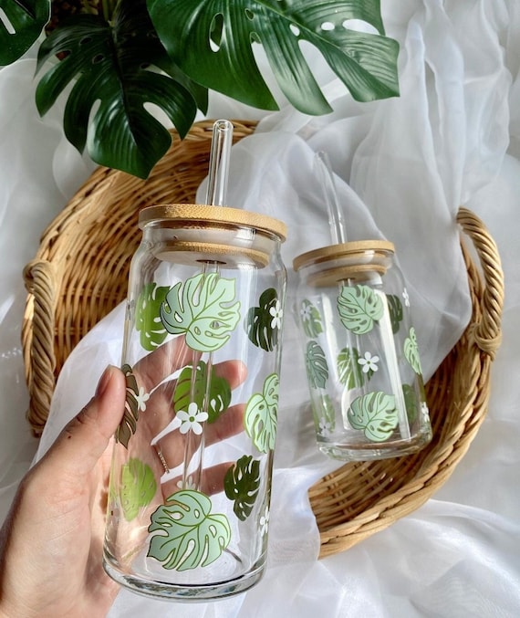 Monstera Beer Can Glass Libbey Glass Can Iced Coffee Glass 