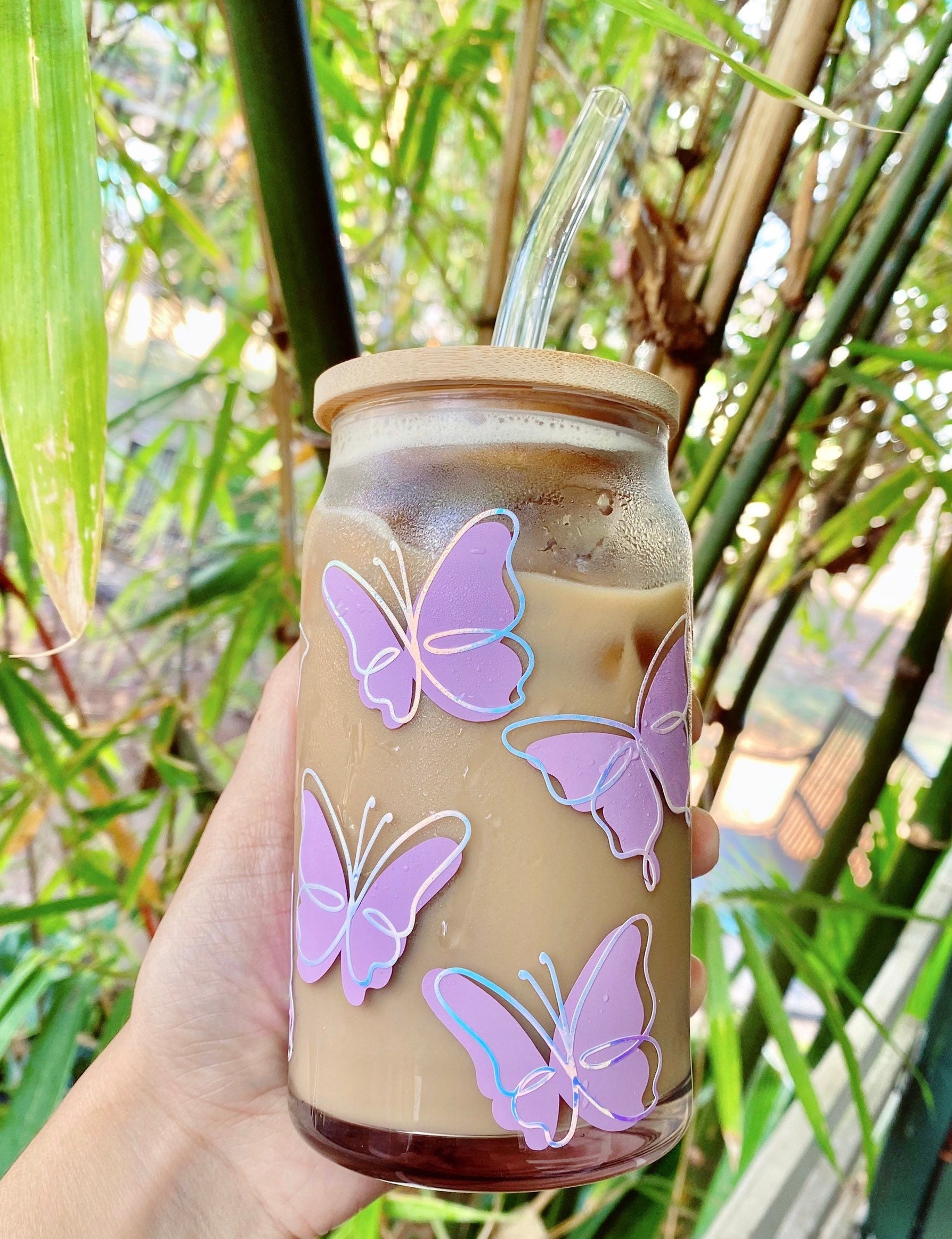Butterflies Beer Can Glass, Butterfly Iced Coffee Glass, Aesthetic Glass,  16oz Libbey, Bamboo Lid, Custom Glass, Gift for Her, Iridescent 