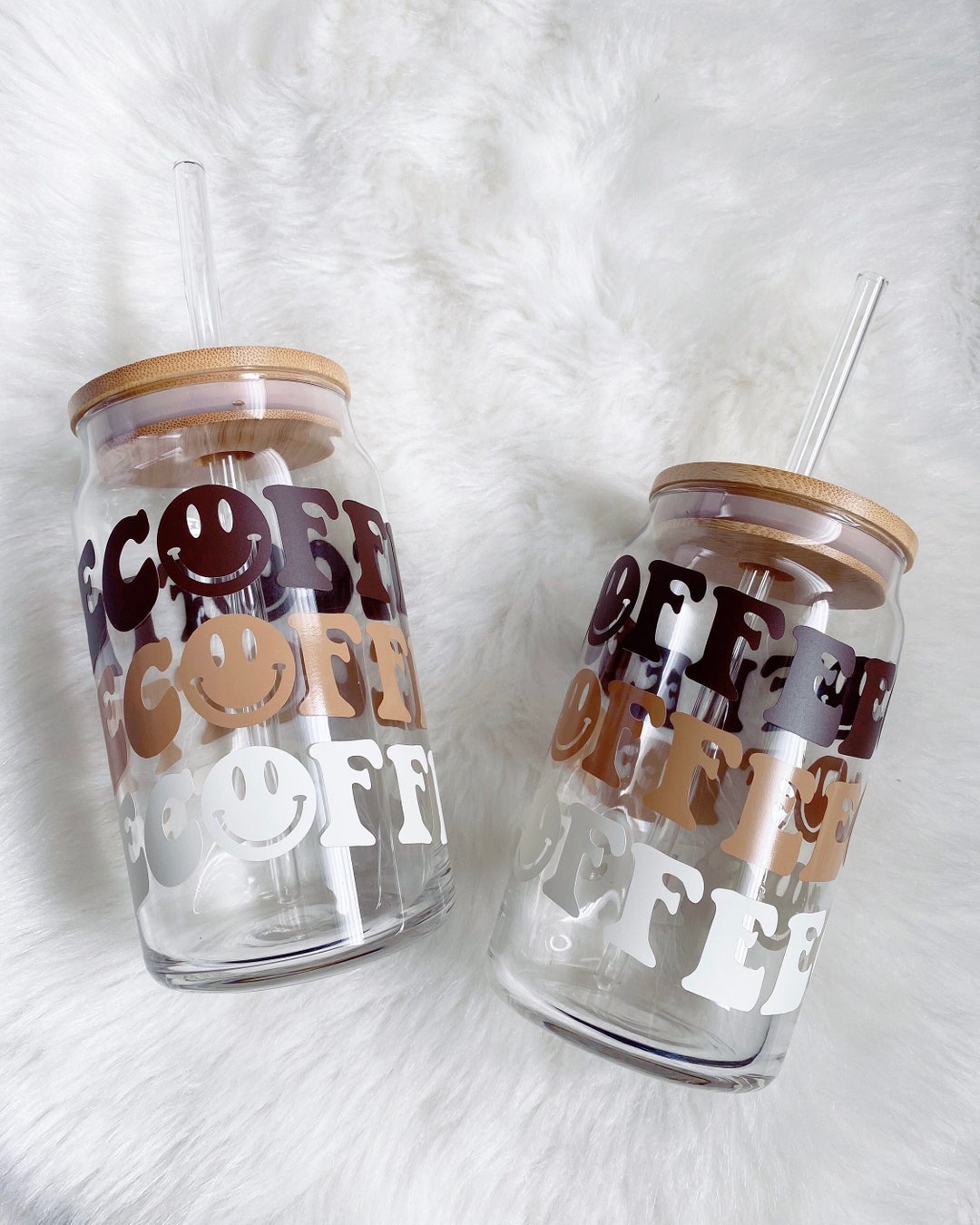 Iced Coffee Beer Glass Can, 16oz Libbey Glass Can, Bamboo Lid, Glass Straw, Aesthetic Glass