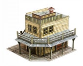3D DIY Cardboard Paper Wild West Barbershop, Pre-cut Unassembled Cardboard Building House Toy Kit Model Puzzle for kids, children, adults