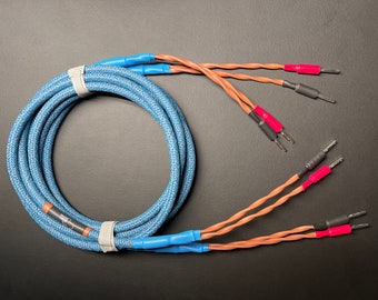 8' or 10' foot pair Custom Audiophile speaker cables/ built with Canare 4s8 wire/ denim blue Viborg silver banana plugs