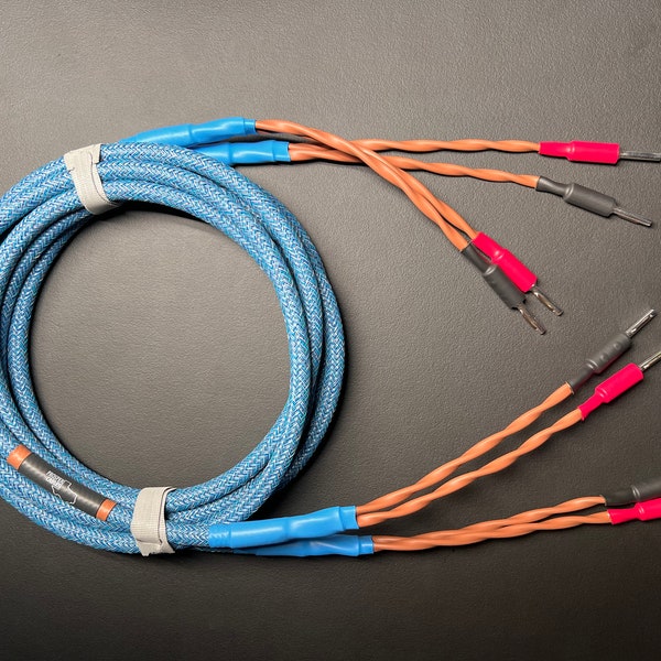 8' or 10' foot pair Custom Audiophile speaker cables/ built with Canare 4s8 wire/ denim blue Viborg silver banana plugs