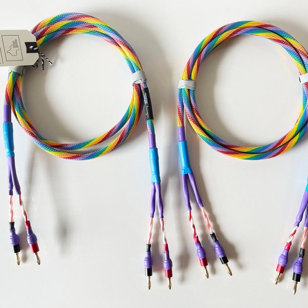 8' foot pair Custom Audiophile speaker cables/ built with Canare 4s8 wire/ RAINBOW, bi-wired with banana plugs Prosper Cables