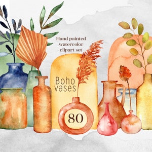 May include: Watercolor clipart set of 80 boho vases in various shapes and sizes. The vases are painted in shades of brown, orange, blue, and green. The set includes a variety of floral elements, including leaves, branches, and flowers.