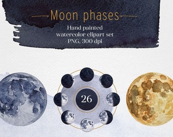 Watercolor digital moon clipart png bundle. Moon phases.
