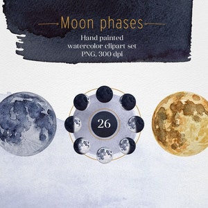 Watercolor digital moon clipart png bundle. Moon phases.