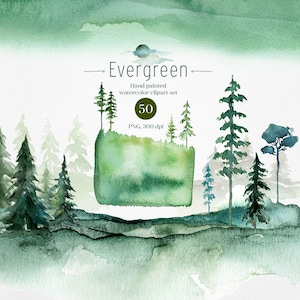Watercolor digital forest and woodland pine trees clipart PNG bundle, abstract landscapes clipart, forest greenery.