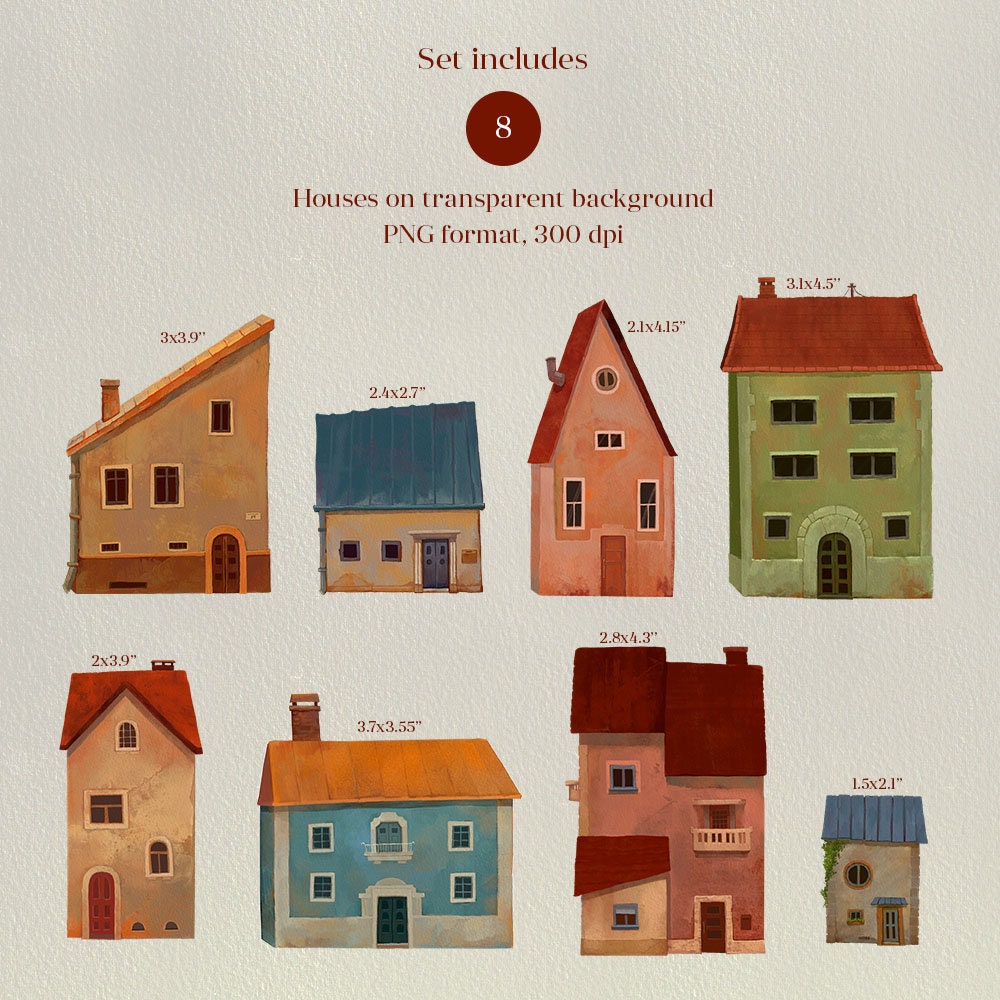 Houses Digital Clipart PNG Bundle, Cityscape and Landscape, Cute Houses ...