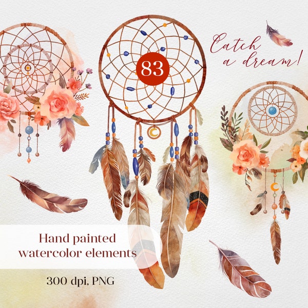 Boho dreamcatchers watercolor digital clipart PNG bundle, Watercolor feathers, Floral Dreamcatcher, Botanical clipart.