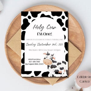 Holy Cow Birthday Invitation | First Birthday Invitation Download | Cow Invite Template | Customized Birthday Invite | Canva Template