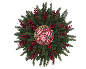 Christmas Wreath with Red Berries, Faux Evergreen Holiday Wreath for Front Door, Traditional Christmas Door Decor, Greenery Wreath