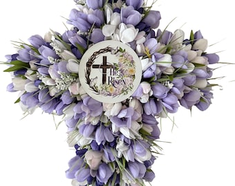 He Is Risen Easter Cross Wreath – Purple White Floral Cross Wreath for Spring, Tulip Door Hanger, Religious Easter Decor