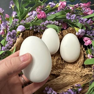 Könnte beinhalten: Drei weiße, eiförmige Objekte liegen in einem Nest aus braunem Papier, umgeben von violetten, rosa und grünen floralen Akzenten. Ein Ei wird von einer Hand gehalten. Die Szene erinnert an ein Frühlings- oder Osterthema.