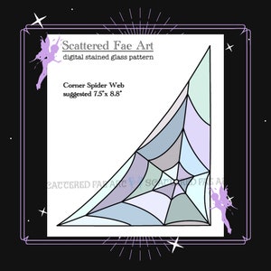 May include: A digital stained glass pattern of a corner spider web in shades of blue, purple, and green. The pattern is titled "Corner Spider Web" and suggests a size of 19.1 cm by 22.4 cm.