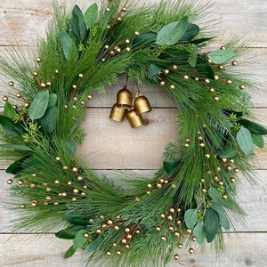 Evergreen and Eucalyptus Christmas Wreath with Gold Bells and Berries, Modern Winter Wreath, Rustic Holiday Wreath, Lodge, Pine, Cedar,Berry