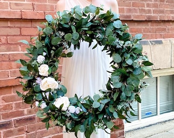 XL Olive and Eucalyptus Wreath, Wedding Wreath, Large Front Door Wreath, Silver Dollar Eucalyptus Wreath, Olive Branch Wreath, White Flowers