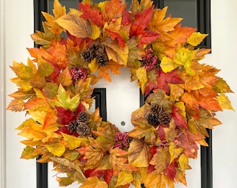 Colorful Fall Foliage Wreath for Front Door, Fall Maple Leaves Wreath, Red, Yellow and Orange Autumn Leaf Wreath, Pinecones, Red Berries
