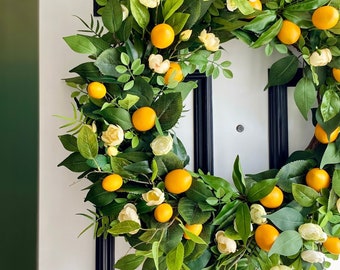 Spring Summer Lemon Wreath with White and Yellow Flowers, Summer Wreaths for Front Door, XL Spring Wreaths for Door, Yellow Lemons Wreath