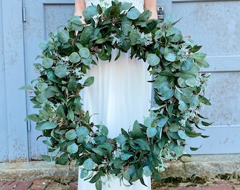 Olive Branch and Eucalyptus Wreath, Modern Farmhouse Wreath, Yearround Greenery Wreath, Wedding Wreaths Front Door, All Seasons Wreath, Gift
