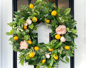 Lemon and Peony Wreath, Summer Lemon Wreath for Front Door, Spring Wreath for Front Door, Wreaths for Summer, Elegant Wreaths for Front Door