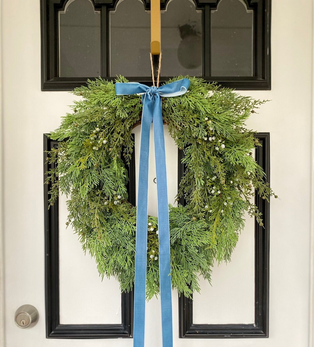 Hanging Juniper and Cedar Wreath With Ribbon, Elegant Christmas Wreath