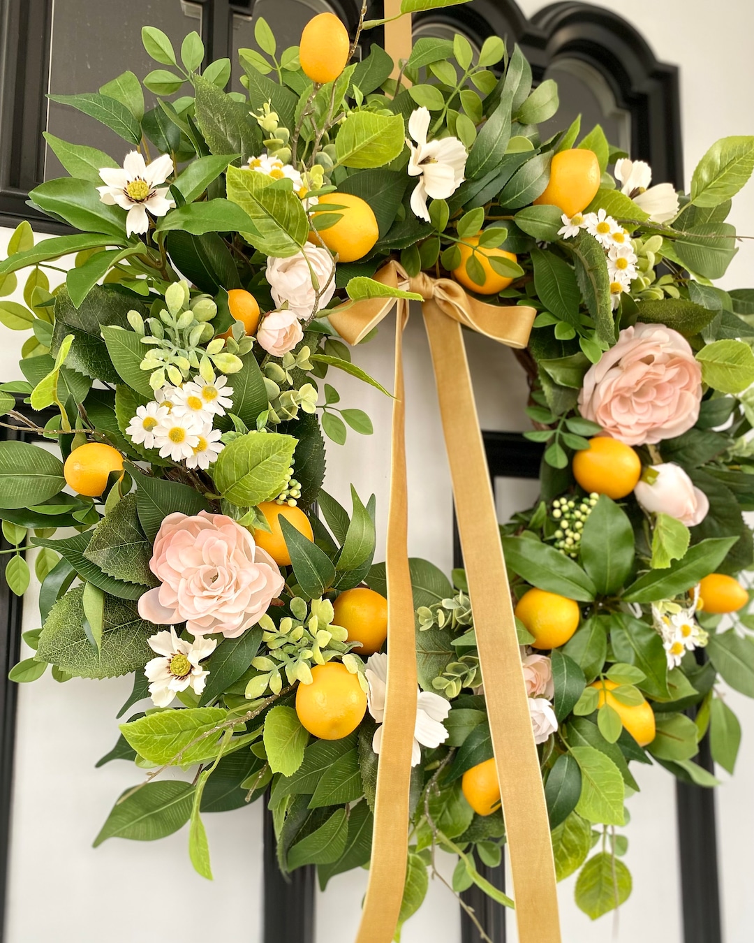 Lemon Wreath With White Flowers and Pink Peonies, Cottage Wreath for ...