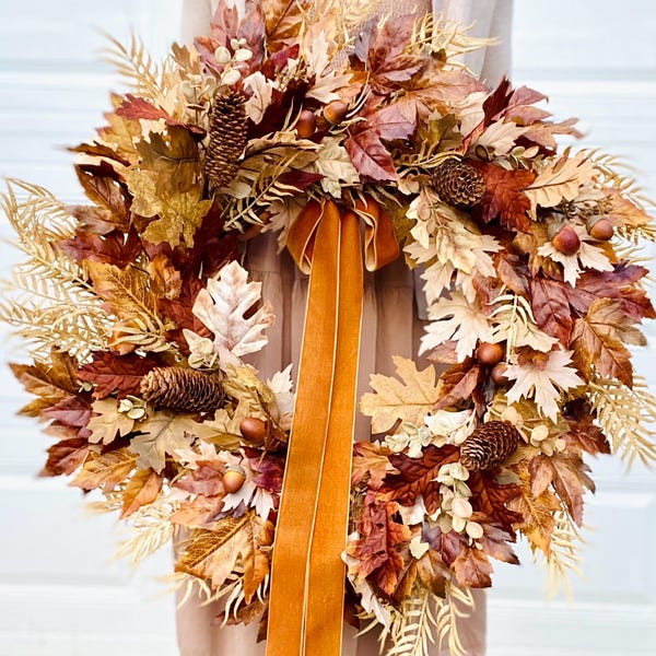 XL Elegant Autumn Wreath for Front Door, Autumn Maple Leaf Wreath, Fall Wreath for Outdoors, Autumn Harvest Wreath, Double Door Fall Wreath