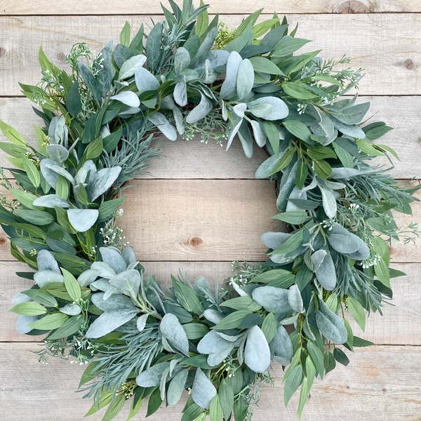 Lambs Ear and Seeded Eucalyptus Farmhouse Wreath for Front Door, Yearround Greenery Wreath, Faux Rosemary & Eucalyptus, Farmhouse Door Decor
