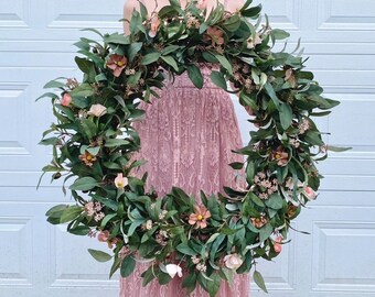 XL Olive Branch and Eucalyptus Wreath, Valentine’s Day Wreath, Wedding Wreath, Spring Greenery Wreath with Pink Flowers Wreath, Gift for Her