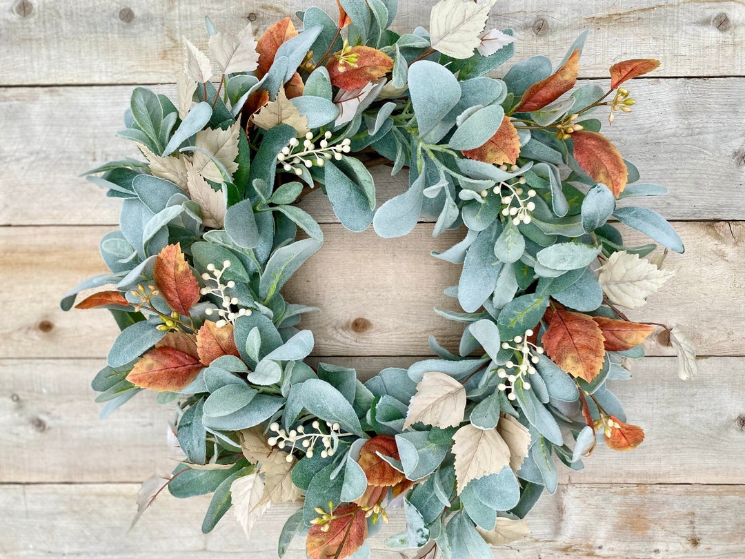 Neutral Fall Lambs Ear Wreath, Gorgeous Fall Wreath With Fall Foliage ...