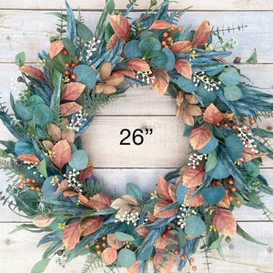 Fall Eucalyptus Wreath With Fall Foliage and White Berries, Farmhouse ...