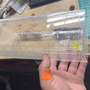 Pu&ograve; includere: Un contenitore di plastica trasparente e rettangolare con coperchio incernierato e piccoli fori sui lati. Il contenitore ha accenti verdi e gialli. Il contenitore &egrave; tenuto in mano da una persona.