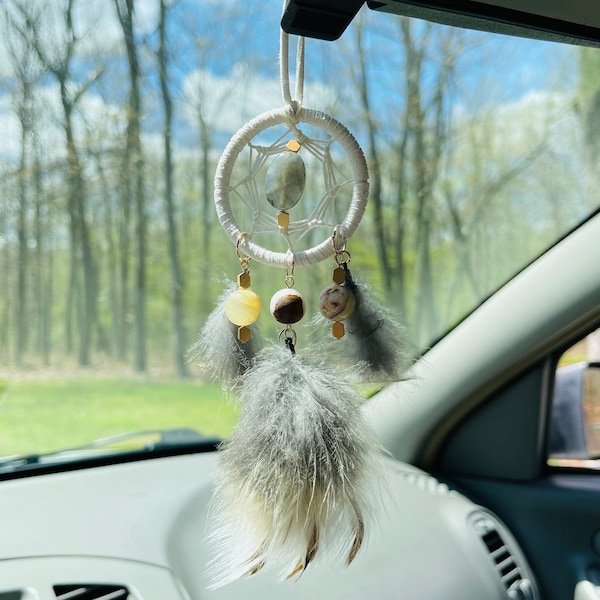 Owl dreamcatcher car charm- owl feathers, labradorite crystal, white dreamcatcher, spiritual gifts, car gift, grounding, rearview mirror