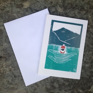 Linoprint-kaart: zwemmen in het afvalwater, zwemmen in het wild, zwemmen in meer, zwemmen in open water