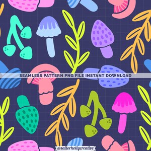 Festa de cogumelo neon índigo padrão sem costura 300 DPI PNG download instantâneo papéis digitais fundo superfície design fungos folhas natureza arquivo
