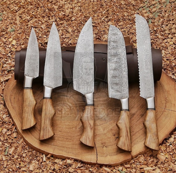 Custom Handmade Damascus Steel Kitchen Knife Set with Olive Wood