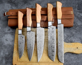 Handcrafted Damascus 5-Piece Chef Set Olive Wood Handle Personalized Kitchen Knives Chef Knife, Santoku, Utility, Paring, and Bread Knife