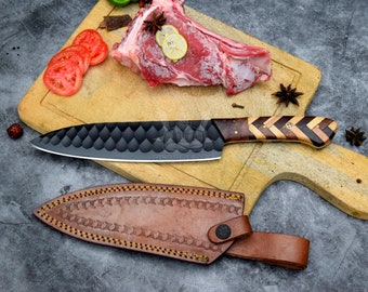 D2 Steel Chef Knife with Unique Herringbone Wooden Handle - Black Kitchen Knife with Leather Sheath - Unique Gift Father Gift Birthday Gift