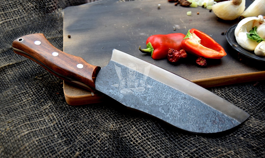 Chef Serbian Cleaver Knife With Rosewood Handle Free Leather Sheath