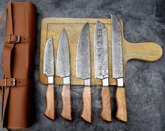 Professional Grade Damascus Chef Knife Set - 5PCs Unique Olive Wood Handles Elegant Damascus Kitchen Knives Christmas Gift Personalized Gift